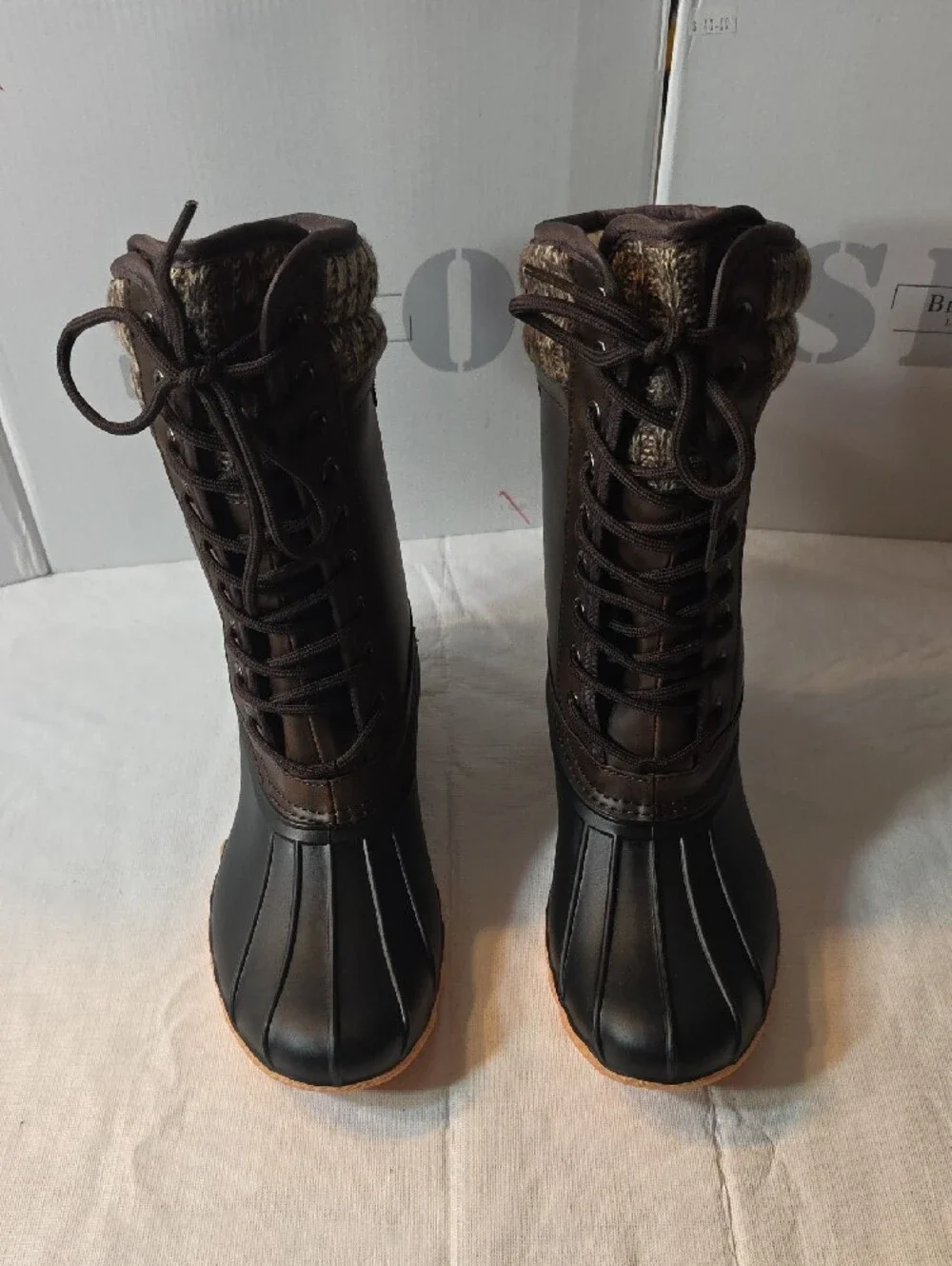 Women's Two-Tone Brown and Black Lace-Up Winter Rain Boots